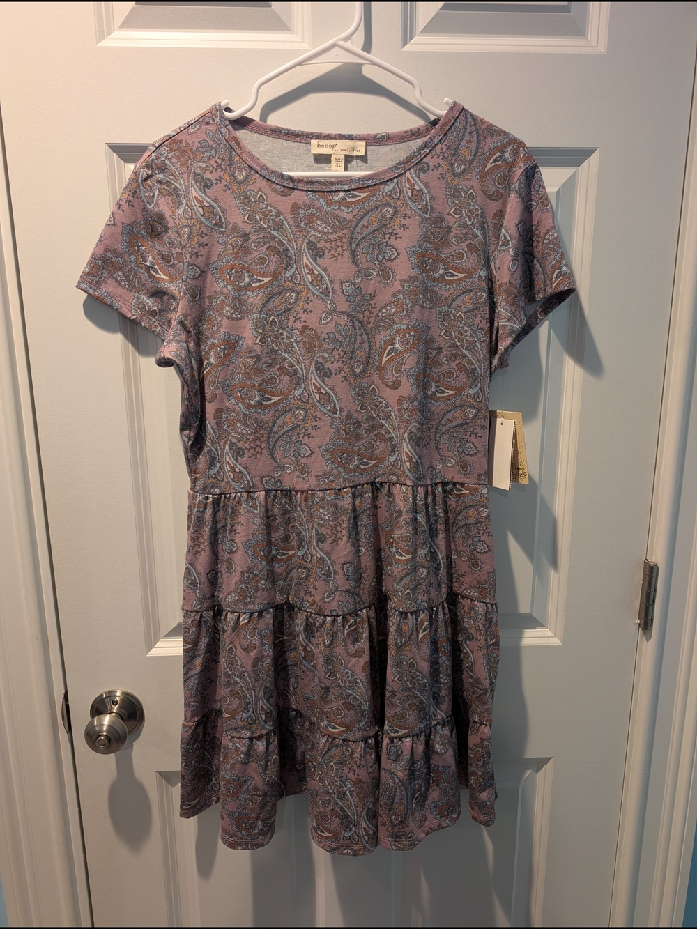 BeBop Lavender Paisley Tiered Short Sleeve Dress